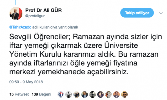 GAÜN Rektörü Gür'den öğrencilere iftar müjdesi