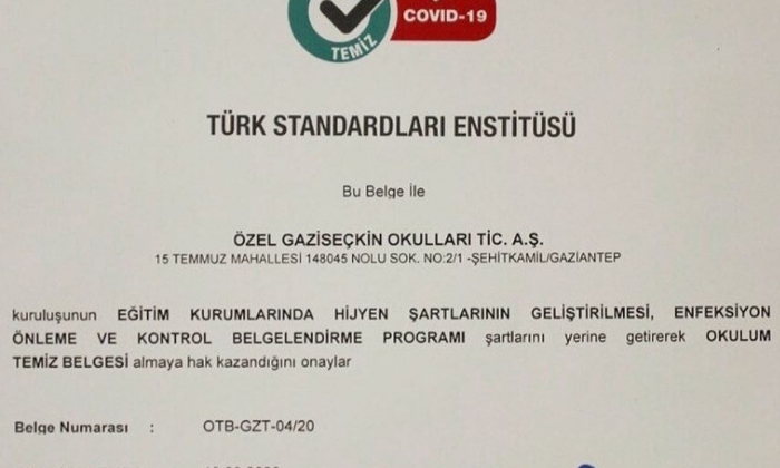 Seçkin Koleji’ne ‘okulum temiz’ belgesi